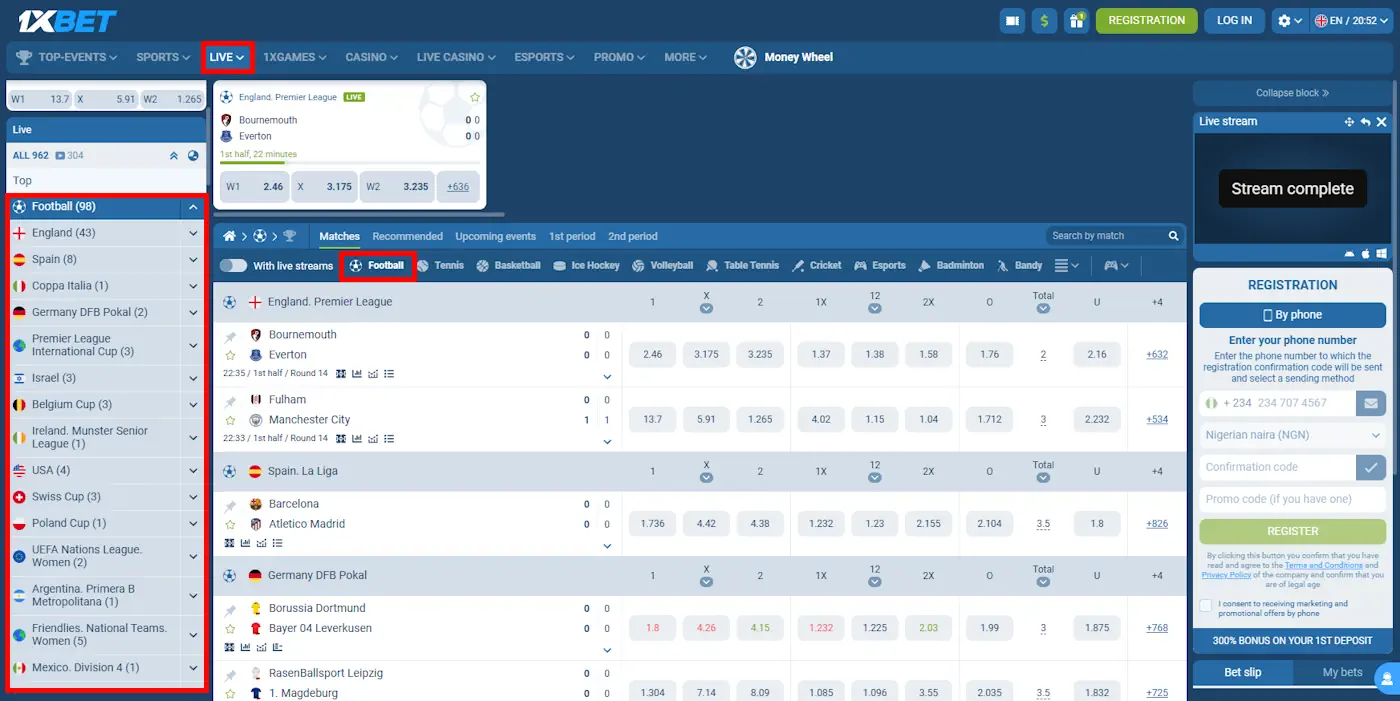1xBet Live Soccer Betting Screenshot